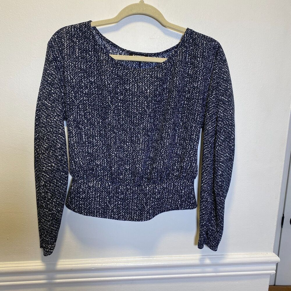 Textured Knit Metallic Speckle Long Sleeve Top Blue Express XS Modern Cropped